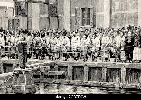 Erster Chinesisch-Japanischer Krieg. Einschiffen von chinesischen Soldaten im Hafen von Shanghai, China. Alte XIX Jahrhundert gravierte Illustration von La Ilustracion Española y Americana 1894 Stockfoto