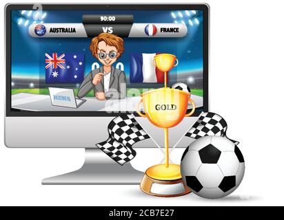 Fußballspiel-Nachrichten auf dem Computerbildschirm mit Trophäe und Fußball Isolierte Abbildung Stock Vektor