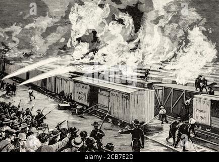 Während des Pullman Strike in der Nähe von Chicago 1894 verbrannten Randalierer 600 Güterwagen. Vereinigte Staaten von Amerika. Alte XIX Jahrhundert gravierte Illustration von La Ilustracion Española y Americana 1894 Stockfoto