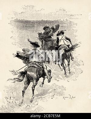 Illustration für die drei Musketiere von Alexandre Dumas (1802-1870) französischer Schriftsteller, Frankreich. Alte XIX Jahrhundert gravierte Illustration von La Ilustracion Española y Americana 1894 Stockfoto