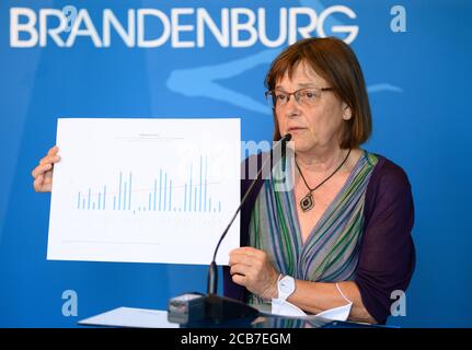 Potsdam, Deutschland. August 2020. Ursula Nonnemacher (Bündnis 90/die Grünen), Ministerin für Soziales, Gesundheit und Integration, hält eine gemeinsame Pressekonferenz im Bundeskanzleramt mit Ministerpräsident Woidke (SPD) und Innenministerin Stübgen (CDU) zu neuen Regelungen zur Bekämpfung der Coronapandemie ab. Die Ministerin wird eine Grafik präsentieren, die den vierwöchigen Trend bei der Entwicklung von laborbestätigten Covid-19-Infektionen im Land Brandenburg zeigt. Quelle: Soeren Stache/dpa-Zentralbild/dpa/Alamy Live News Stockfoto