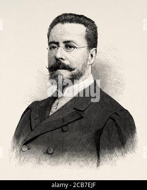 Porträt von Benigno Quiroga y López Ballesteros (Santiago de Compostela 1850 - Madrid 1908) war ein spanischer Ingenieur und Politiker, Innenminister während der Regierungszeit von Alfonso XIII., Spanien. Alte XIX Jahrhundert gravierte Illustration von La Ilustracion Española y Americana 1894 Stockfoto