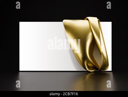 Horizontale weiße Karte mit einem Tuch aus goldenem Stoff. Vektor-3d-Illustration. Vorlage für Präsentation, Werbung. Stockfoto