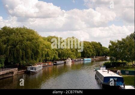 Boote, die auf dem Fluss Great Ouse in der Domstadt Ely, Cambridgeshire, England, festgemacht wurden. Stockfoto