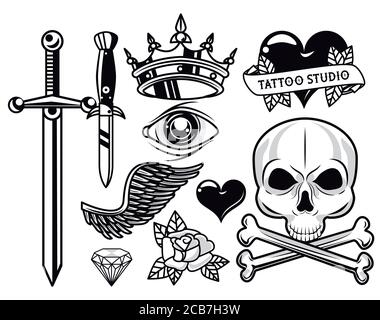 Set von monochromen Tattoos Studio Grafik Vektor Illustration Design Stock Vektor