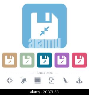 Komprimieren Sie weiße flache Symbole auf abgerundeten quadratischen Hintergründen. 6 Bonus-Symbole enthalten Stock Vektor