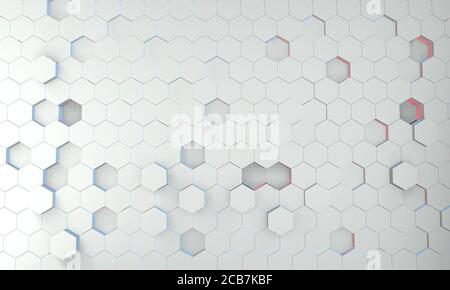 Sechseckige Gitterfläche. Geometriemuster. Abstrakter weißer Sechseck-Hintergrund. 3D-Rendering-Bild Stockfoto