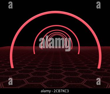 Abstrakter Hintergrund glühende Linien Tunnel, Neonlichter, rote runde Ring Portal auf Sechseck Boden. 3D-Rendering-Bild