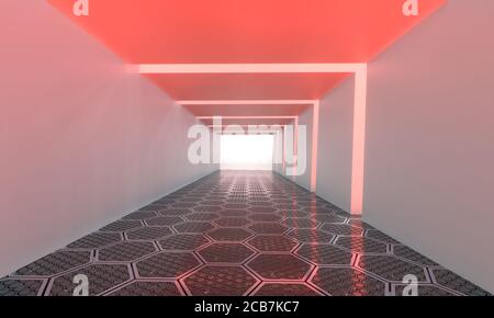 Abstrakter Hintergrund leerer langer moderner Korridor, weißer quadratischer Tunnel mit rotem Licht und sechseckigem Boden. 3D-Rendering-Bild Stockfoto