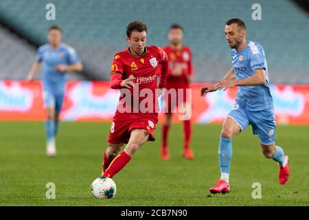 Sydney, Australien. August 2020. Adelaide United Mittelfeldspieler Lachlan Brook (18) beim Hyundai A League Spiel zwischen Melbourne City und Adelaide United im ANZ Stadium, Sydney, Australien am 11. August 2020. Foto von Peter Dovgan. Nur redaktionelle Verwendung, Lizenz für kommerzielle Nutzung erforderlich. Keine Verwendung bei Wetten, Spielen oder Veröffentlichungen einzelner Vereine/Vereine/Spieler. Kredit: UK Sports Pics Ltd/Alamy Live Nachrichten Stockfoto