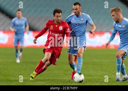 Sydney, Australien. August 2020. Adelaide United Mittelfeldspieler Lachlan Brook (18) beim Hyundai A League Spiel zwischen Melbourne City und Adelaide United im ANZ Stadium, Sydney, Australien am 11. August 2020. Foto von Peter Dovgan. Nur redaktionelle Verwendung, Lizenz für kommerzielle Nutzung erforderlich. Keine Verwendung bei Wetten, Spielen oder Veröffentlichungen einzelner Vereine/Vereine/Spieler. Kredit: UK Sports Pics Ltd/Alamy Live Nachrichten Stockfoto