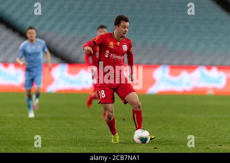 Sydney, Australien. August 2020. Adelaide United Mittelfeldspieler Lachlan Brook (18) beim Hyundai A League Spiel zwischen Melbourne City und Adelaide United im ANZ Stadium, Sydney, Australien am 11. August 2020. Foto von Peter Dovgan. Nur redaktionelle Verwendung, Lizenz für kommerzielle Nutzung erforderlich. Keine Verwendung bei Wetten, Spielen oder Veröffentlichungen einzelner Vereine/Vereine/Spieler. Kredit: UK Sports Pics Ltd/Alamy Live Nachrichten Stockfoto