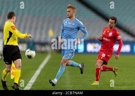 Sydney, Australien. August 2020. Melbourne City Mittelfeldspieler Nathaniel Atkinson (13) beim Hyundai A League Spiel zwischen Melbourne City und Adelaide United im ANZ Stadium, Sydney, Australien am 11. August 2020. Foto von Peter Dovgan. Nur redaktionelle Verwendung, Lizenz für kommerzielle Nutzung erforderlich. Keine Verwendung bei Wetten, Spielen oder Veröffentlichungen einzelner Vereine/Vereine/Spieler. Kredit: UK Sports Pics Ltd/Alamy Live Nachrichten Stockfoto