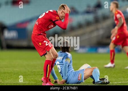 Sydney, Australien. August 2020. Adelaide United Mittelfeldspieler Ben Halloran (26) verpasst eine Chance, während des Hyundai A League-Spiels zwischen Melbourne City und Adelaide United am 11. August 2020 im ANZ Stadium, Sydney, Australien, zu Punkten. Foto von Peter Dovgan. Nur redaktionelle Verwendung, Lizenz für kommerzielle Nutzung erforderlich. Keine Verwendung bei Wetten, Spielen oder Veröffentlichungen einzelner Vereine/Vereine/Spieler. Kredit: UK Sports Pics Ltd/Alamy Live Nachrichten Stockfoto