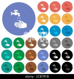 Mehrfarbige flache Symbole für die Handwäsche auf runden Hintergründen. Weiße, helle und dunkle Symbolvarianten für schwebe- und aktive Statuseffekte sowie bo enthalten Stock Vektor