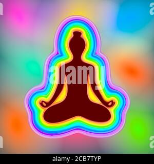 Meditation in der Lotus-Position. Die Silhouette ist schwarz. Yoga. Menschliche Energie, Aura. Abbildung Stockfoto