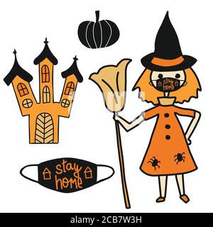Halloween 2020 Aufenthalt zu Hause Coronavirus Vektor Illustration Icon Set. Kürbis, Hexe trägt Gesichtsmaske, Burg. Covid-19 Virus Clip Art isoliert. Für Stock Vektor