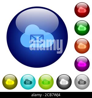 Symbole für das Cloud-Mailsystem auf runden Glastasten in mehreren Farben. Angeordnete Ebenenstruktur Stock Vektor