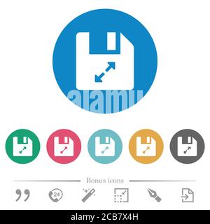 Dekomprimieren Sie flache weiße Symbole auf runden Farbhintergründen. 6 Bonus-Symbole enthalten. Stock Vektor