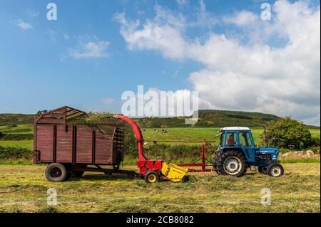 Leap, West Cork, Irland. Juli 2020. An einem heißen Sonnentag sammeln Mitglieder des Leap und des District Vintage Club Silage für Leap Farmer Andrew Whelton mit Vintage-Traktoren und Erntemaschinen. Shane Jennings ist abgebildet, einen Ford 7600 von 1979 zu fahren, der Gras mit einem New Holland 717 aus den 1970er Jahren sammelt. Quelle: AG News/Alamy Live News Stockfoto