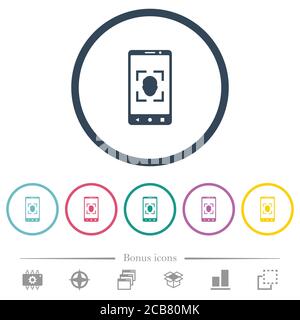 Mobile Gesichtserkennung flache Farbsymbole in runden Umrissen. 6 Bonus-Symbole enthalten. Stock Vektor