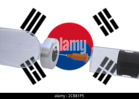 3D-Illustration Impfstoffbehälter Flasche begleitet von einer Spritze mit Südkorea Flagge covid19 covid-19 Coronavirus. Stockfoto