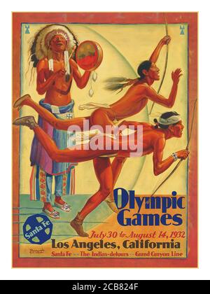 1932 OLYMPISCHE SPIELE, LOS ANGELES, KALIFORNIEN USA Santa Fe Grand Canyon Line die Indische Detours Illustrationslithographie in Farbe. 1932, gedruckt von Rand McNally, Chicago, Hernando G. Villa (1881-1952) Stockfoto