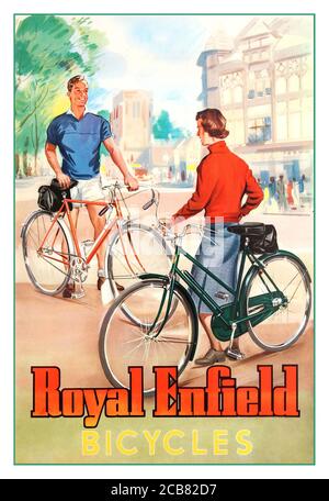 Vintage Post WW2 Poster 1950 Royal Enfield Bikes Fahrräder Retro Cycling Werbung Vintage Werbeplakat für Royal Enfield Fahrräder mit jungen Mann trägt ein blaues Top und weiße Shorts im Gespräch mit einer jungen Dame mit einem roten Pullover und Rock, Beide stehen mit ihren brandneuen Fahrrädern auf einer Hauptstraße mit den historischen Gebäuden der Stadt und Bäumen im Hintergrund, der Text unten in stilisierten gelben und orange schattierten Buchstaben. Gedruckt in England. 1950 Stockfoto