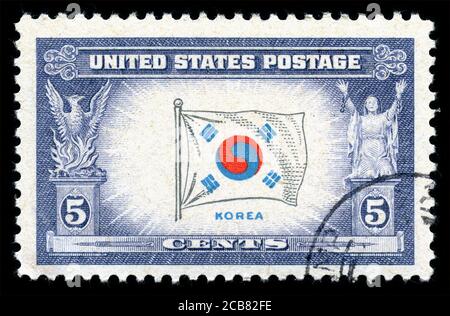 London, UK, Februar 19 2018 - Jahrgang 1943 USA abgesagt Briefmarke zeigt eine Flagge von Südkorea Briefmarke Sammlung Stock Foto Stockfoto