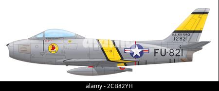 North American F-86E Sabre (51-2821) pilotiert von Major Frederick C. Blesse vom 334th Fighter-Interceptor Squadron USAF, Koreakrieg, Herbst 1952 Stockfoto