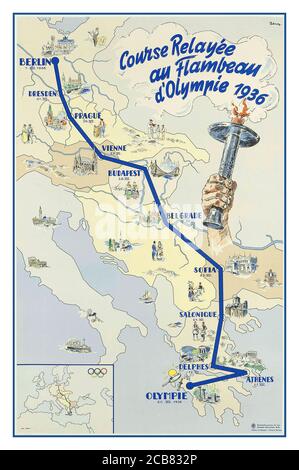 OLYMPICS 1936 Vintage French Poster für die Berliner SOMMEROLYMPIADE 1936 Fackel-Staffelroute Es war die erste ihrer Art, nach der Wiedereinführung der Olympischen Flamme bei den Spielen 1928. Es war Vorreiter bei der modernen Konvention, die Flamme über ein Relay-System von Griechenland zum olympischen Veranstaltungsort zu bringen. Leni Riefenstahl filmte die Staffel für den preisgekrönten, aber umstrittenen Film Olympia 1938. COURSE RELAYÈE AU FLAMBEAU D'OLYMPIE 1936 Lithographie in Farben, 1936 von 'Leng' Stockfoto