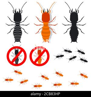 Symbole für Termitenvektoren festgelegt. Zeichen für die Kontrolle von Insekten. Illustration von Käfer isoliert auf weißem Hintergrund. Stock Vektor