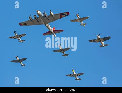 Flugzeuge des Zweiten Weltkriegs fliegen in Formation gegen einen tiefblauen Himmel auf der Warbirds Over Monroe Air Show in Monroe, North Carolina. Stockfoto