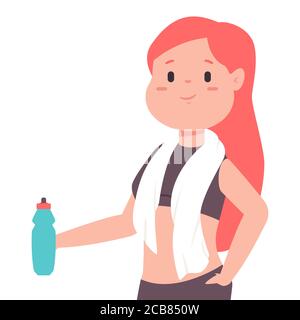 Nettes Mädchen mit einer Flasche Wasser und einem Handtuch um ihren Hals ruht nach einem Training. Vektor Cartoon Frau Figur isoliert auf weißem Hintergrund. Stock Vektor