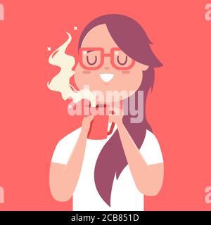 Nettes Mädchen mit roter Tasse Kaffee oder Tee. Vektor Cartoon Frau Figur auf dem Hintergrund isoliert. Stock Vektor