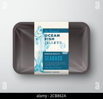 Das Original Fisch Filets Abstract Vector Packaging Design Label auf Kunststoff-Tablett mit Cellophan Cover. Moderne Typografie und handgezeichneter Seebarsch Stock Vektor
