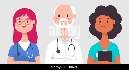 Medizinisches Team mit Arzt, Krankenschwester und Praktikant. Vektor Cartoon Mann und Frau Charakter auf Hintergrund isoliert. Stock Vektor