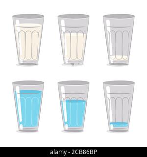 Milch und Wasser in einem Glasbecher. Vektor-Cartoon-Set isoliert auf weißem Hintergrund. Stock Vektor