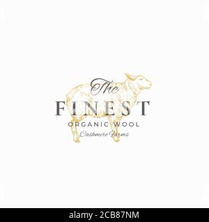 Feinste Wolle. Abstraktes Vektorzeichen, Symbol oder Logo-Vorlage. Hand gezeichnete Schaf Skizze Silhouette mit Retro Typografie. Vintage Luxus Kaschmir Stock Vektor