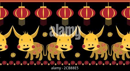 Vector Kawaii Chinesisches Neujahr der Ochsengrenze Hintergrund. Niedlichen Tierkreis Stier, Laternen, ausgeschnitten Pfingstrosen schwarz, rot fett Banner.Symbol von 2021 auf der Stock Vektor