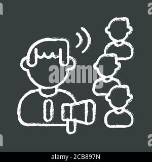 Beeinflussung von Fähigkeiten Kreide weißes Symbol auf schwarzem Hintergrund. Öffentliche Bekanntgabe, Kundenanziehung, Marketingkampagne. Influencer mit Megaphon und f Stock Vektor