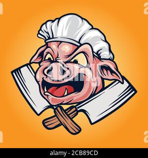 Schwein Chef Grill bbq Maskottchen Logo Stock Vektor