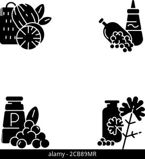 Würzige Würze schwarze Glyphen-Symbole auf weißem Raum gesetzt. Essen würzen. Natürliche Ergänzung. Kochendes Gewürz. Senf und schwarzer Pfeffer. Koriander. Silh Stock Vektor