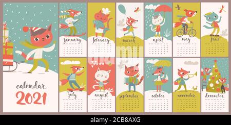 Vector 2021 Kalender mit lustigen Füchsen und Katzen in flach Stil Stock Vektor