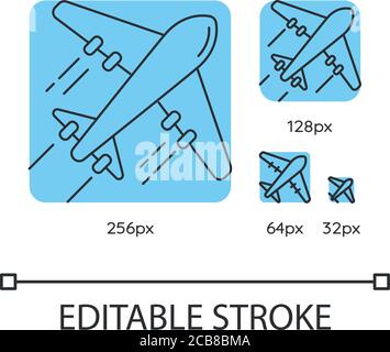 Blaue lineare Symbole für Flugzeuge gesetzt. Flug mit Fluggesellschaften. Nehmen Sie den Airliner zum Ziel. Dünne Linien anpassbare Vektorgrafiken mit 256, 128, 64 und 32 px Stock Vektor