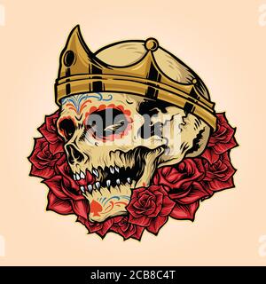 Royal Skull König Krone mit Rose Illustrationen Vektor Maskottchen Logo Stock Vektor