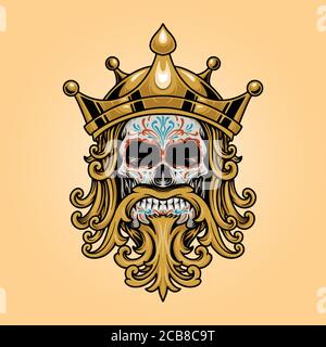 König Krone Schädel Dia De Los Muertos Logo Gold Illustrationen Stock Vektor