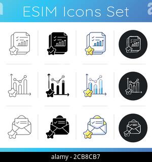 Datenforschung abgeschlossen Symbole gesetzt. Positive Bewertung. Bericht über das wachsende Finanzdiagramm. E-Mail empfangen. Statistischer Fortschritt. Linear, schwarz und RGB-Farbe Stock Vektor