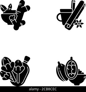 Kochen Gewürze schwarze Glyphen Symbole auf weißen Raum gesetzt. Glühwein Zutaten. Aromatisches Aroma. Zimt und Ingwer. Knospen mit Nelken. Silhouette-Symbiose Stock Vektor