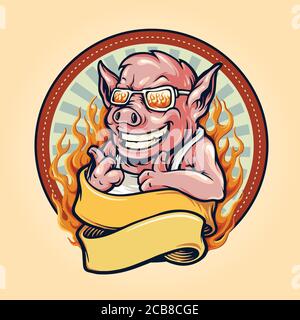 Schwein Grill bbq Maskottchen Logo mit Band und Feuer Vintage Stock Vektor